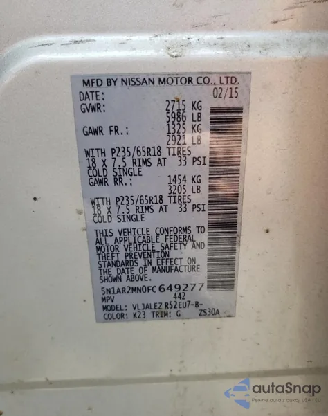 2015 Nissan Pathfinder S из США, поврежденный, VIN 5N1AR2MN0FC649277